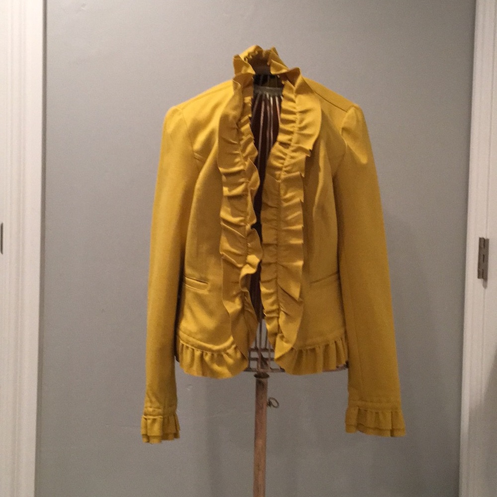 Inc mustard colored ruffle front jacket